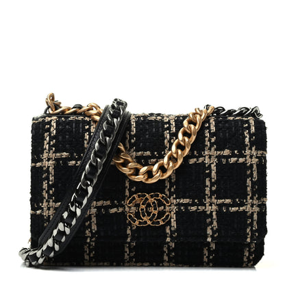 Chanel Tweed Quilted Chanel 19 Wallet On Chain WOC Black Beige 1 of 4