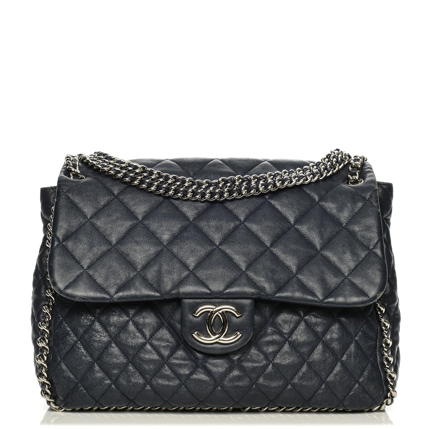 Washed Lambskin Quilted Chain Around Maxi Flap Dark Navy Blue