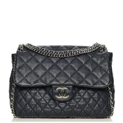 Chanel Washed Lambskin Quilted Chain Around Maxi Flap Dark Navy Blue 1 of 9