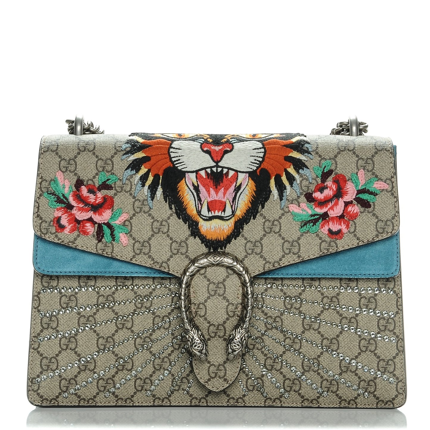 GG Supreme Monogram Angry Cat Embroidered Medium Dionysus Shoulder Bag Beige Ultramarine