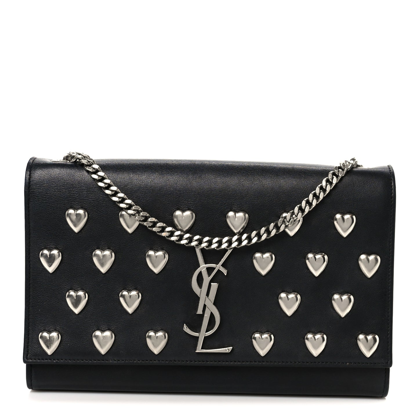 Calfskin Heart Studded Medium Monogram Kate Satchel Black