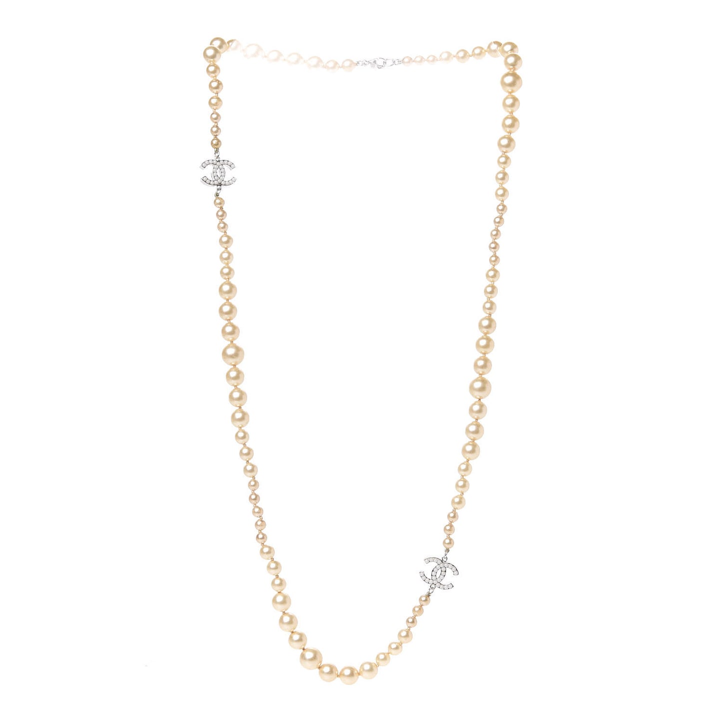 Graduated Pearl CC Long Necklace Silver