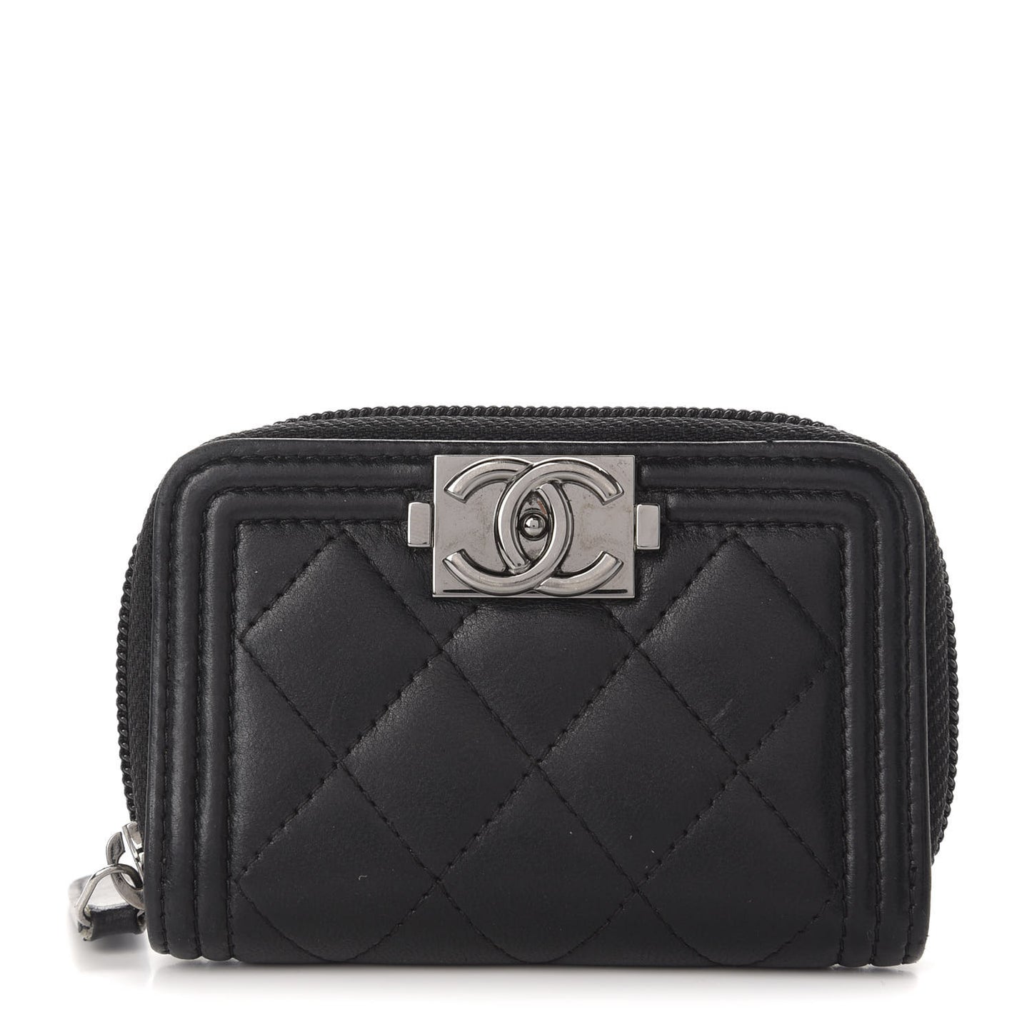 Lambskin Quilted Zip Around Boy Coin Purse Wallet Black