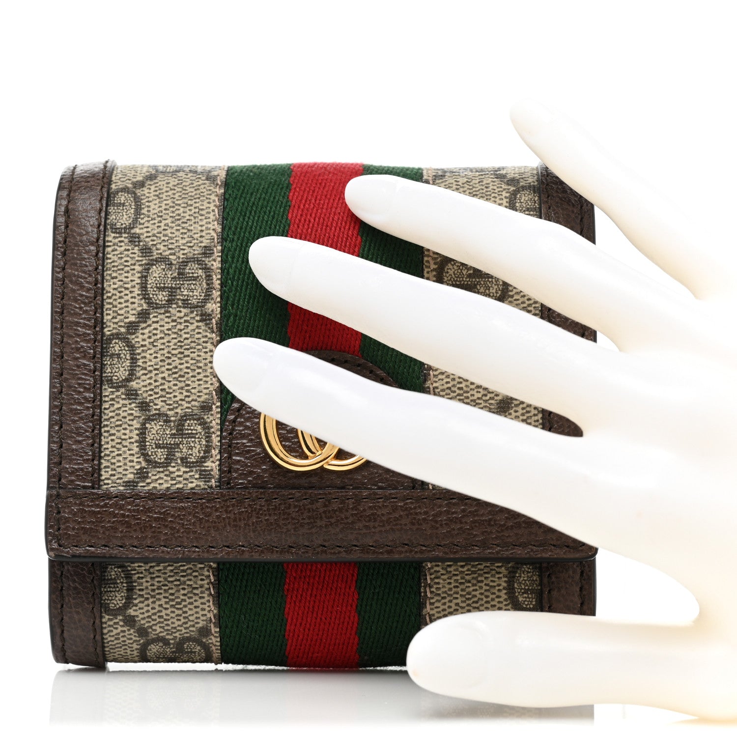 Gucci GG Supreme Monogram Textured Calfskin Web Ophidia Card Case Wallet Beige Ebony New Acero 2 of 9