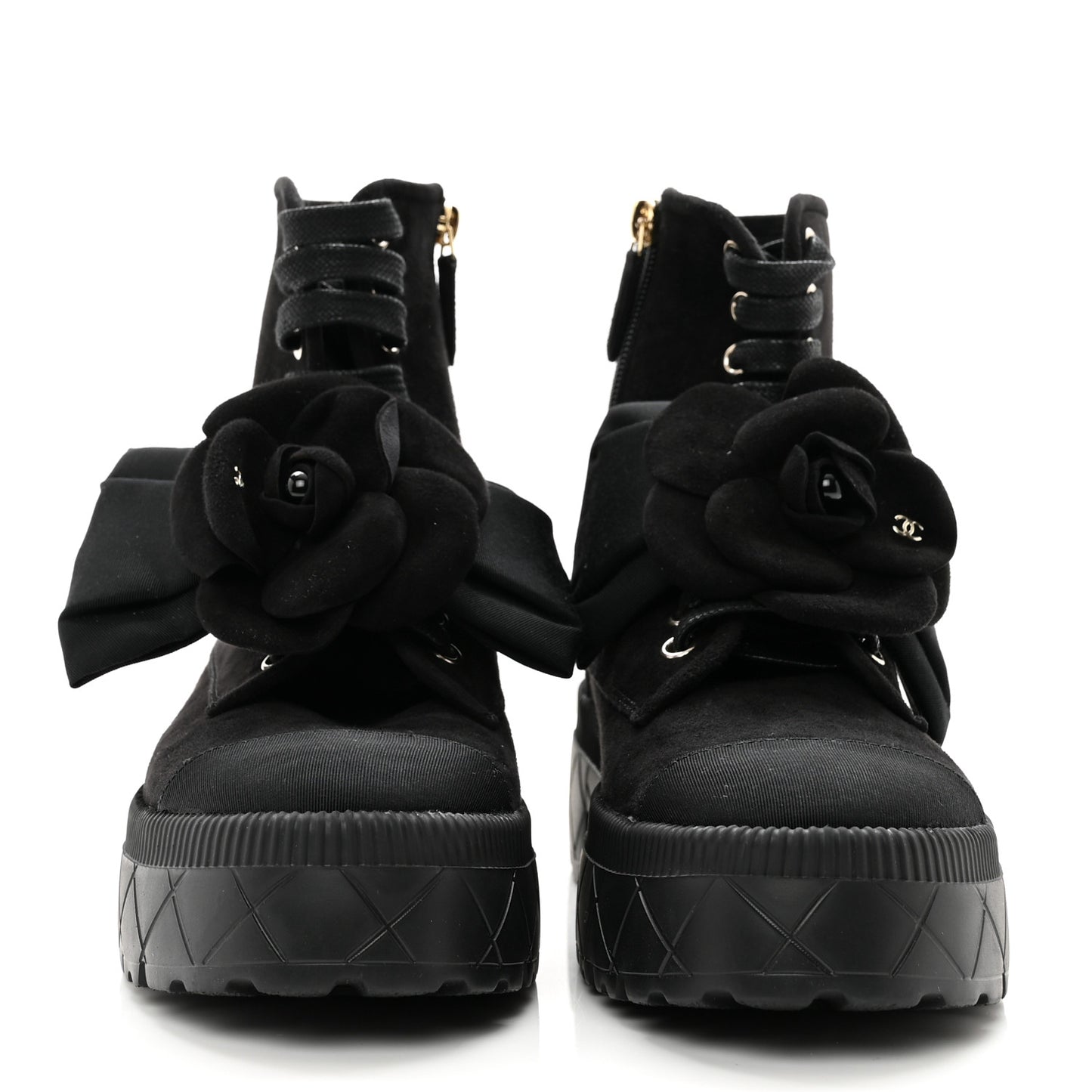 Suede Grosgrain Cap Toe CC Camellia Lace Up Combat Boots 38.5 Black