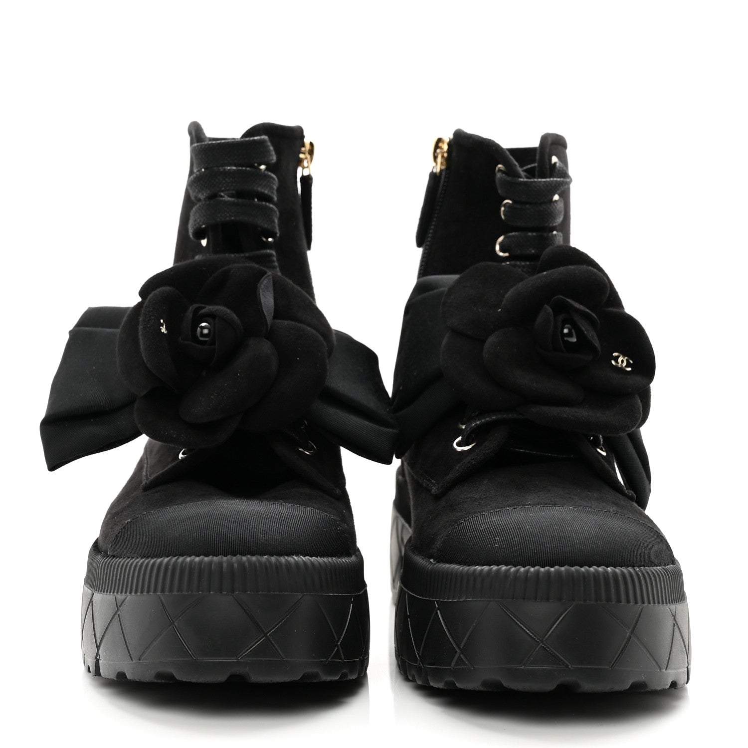 Chanel Suede Grosgrain Cap Toe CC Camellia Lace Up Combat Boots 38.5 Black 2 of 8