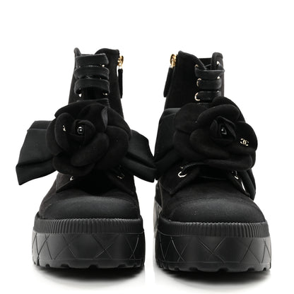 Chanel Suede Grosgrain Cap Toe CC Camellia Lace Up Combat Boots 38.5 Black 2 of 8