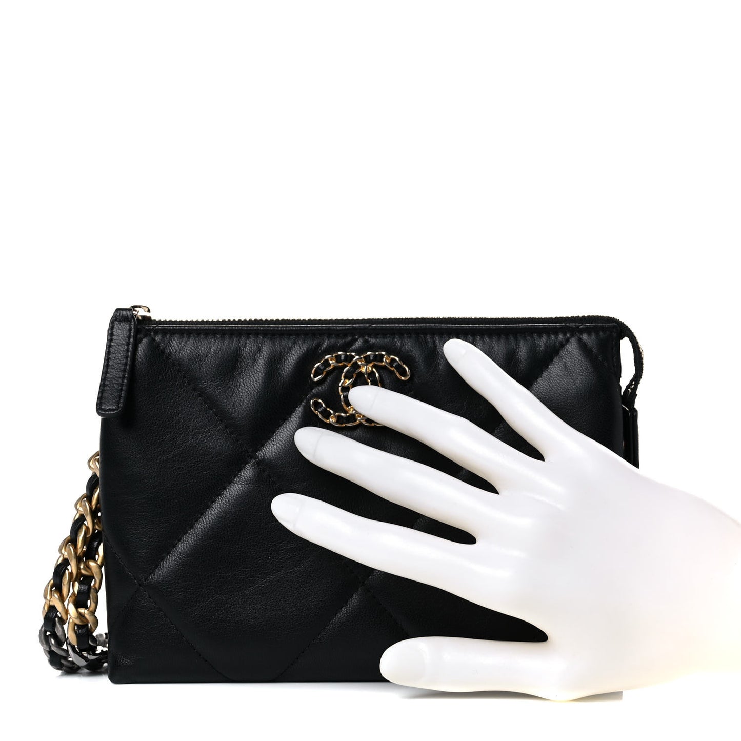 Shiny Goatskin Quilted Small Chanel 19 Pouch With Handle Black