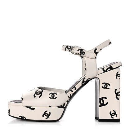 Chanel Printed Lambskin Coco Beach Platform Sandals 37 White Black 1 of 10