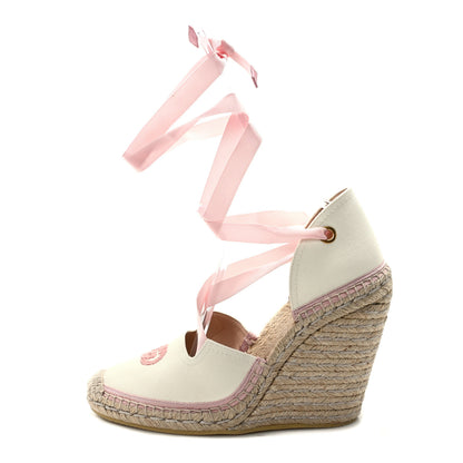 Gucci Canvas Grossgrain Embroidered Judit Ankle Wrap Platform 35/120mm Espadrille Wedges 40 White Shell 1 of 8
