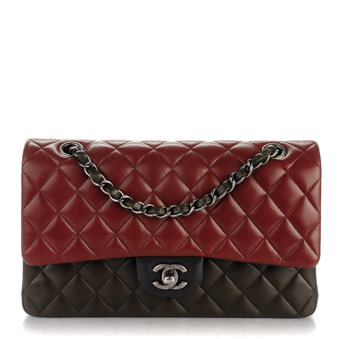 Lambskin Quilted Tri-Color Medium Double Flap Burgundy