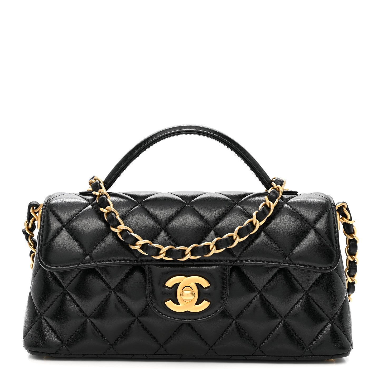 Lambskin Quilted Mini Flap Top Handle Bag Black