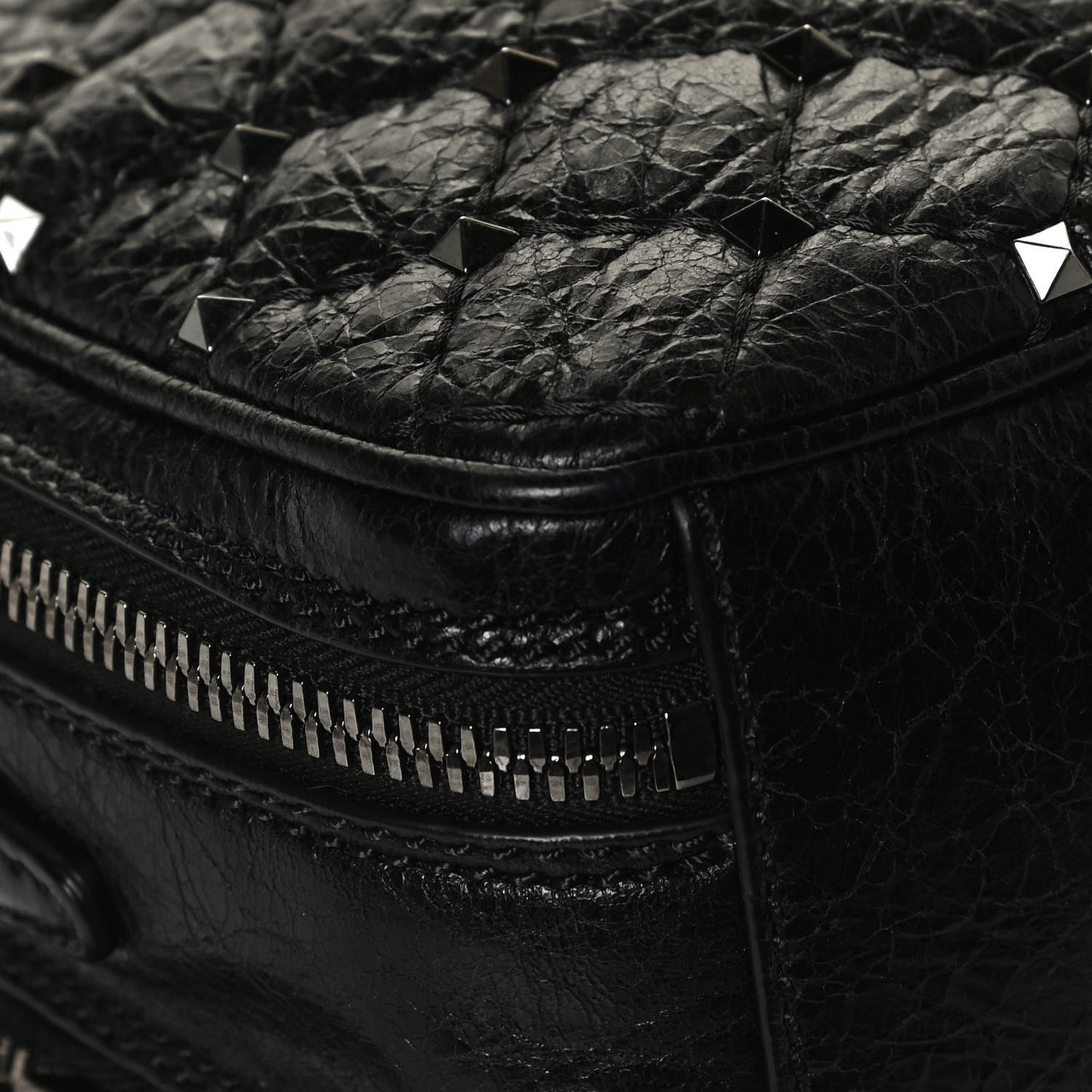 Craquele Nappa Rockstud Spike Double Zip Camera Crossbody Bag Black