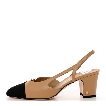 Chanel Goatskin Grosgrain Cap Toe CC Slingback Pumps 37 Beige Black 1 of 11