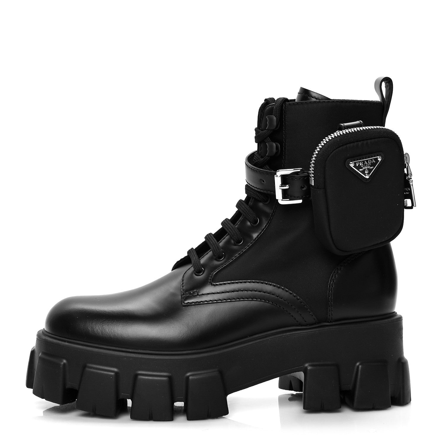 Prada Spazzolato Rois Nylon Metal Triangle Logo Monolith Pouch Pocket 55mm Boots 39 Black 1 of 7