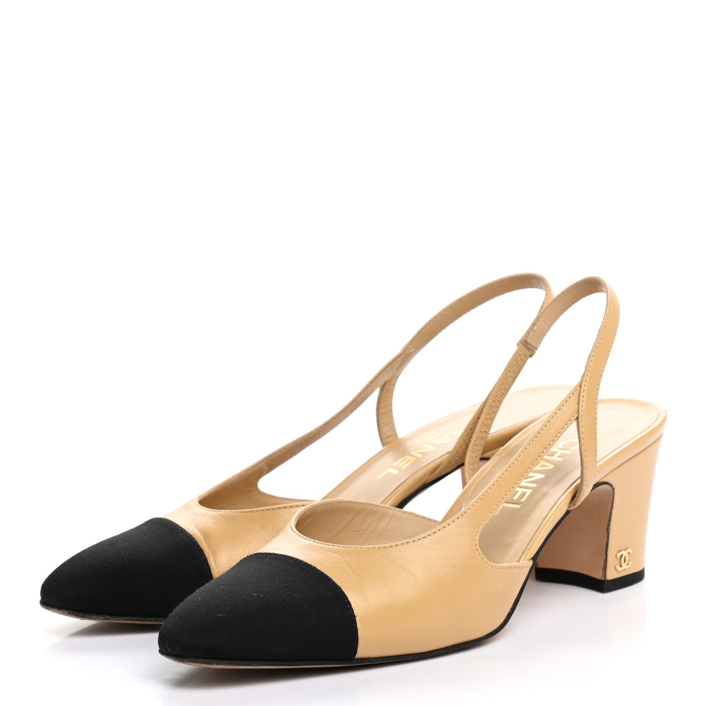 Goatskin Grosgrain Cap Toe CC Slingback Sandals 38.5 Beige Black