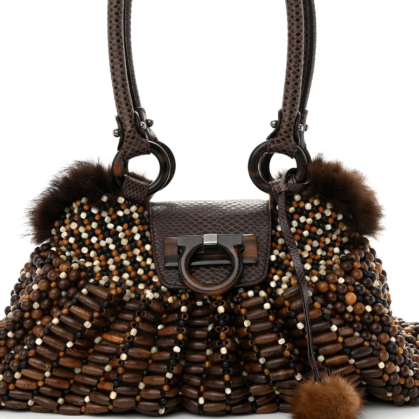 Wood Beaded Lizard Mink Gancini Satchel Brown