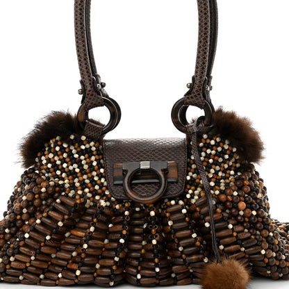 Salvatore Ferragamo Wood Beaded Lizard Mink Gancini Satchel Brown 7 of 10