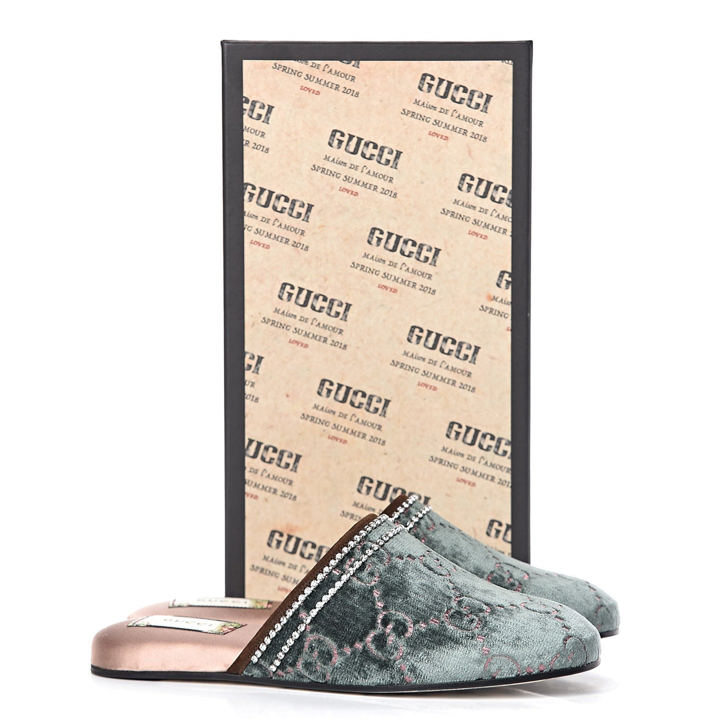 Velvet GG Monogram Crystal Womens Slippers 38 Avio Dusty Pink Vintage Cocoa