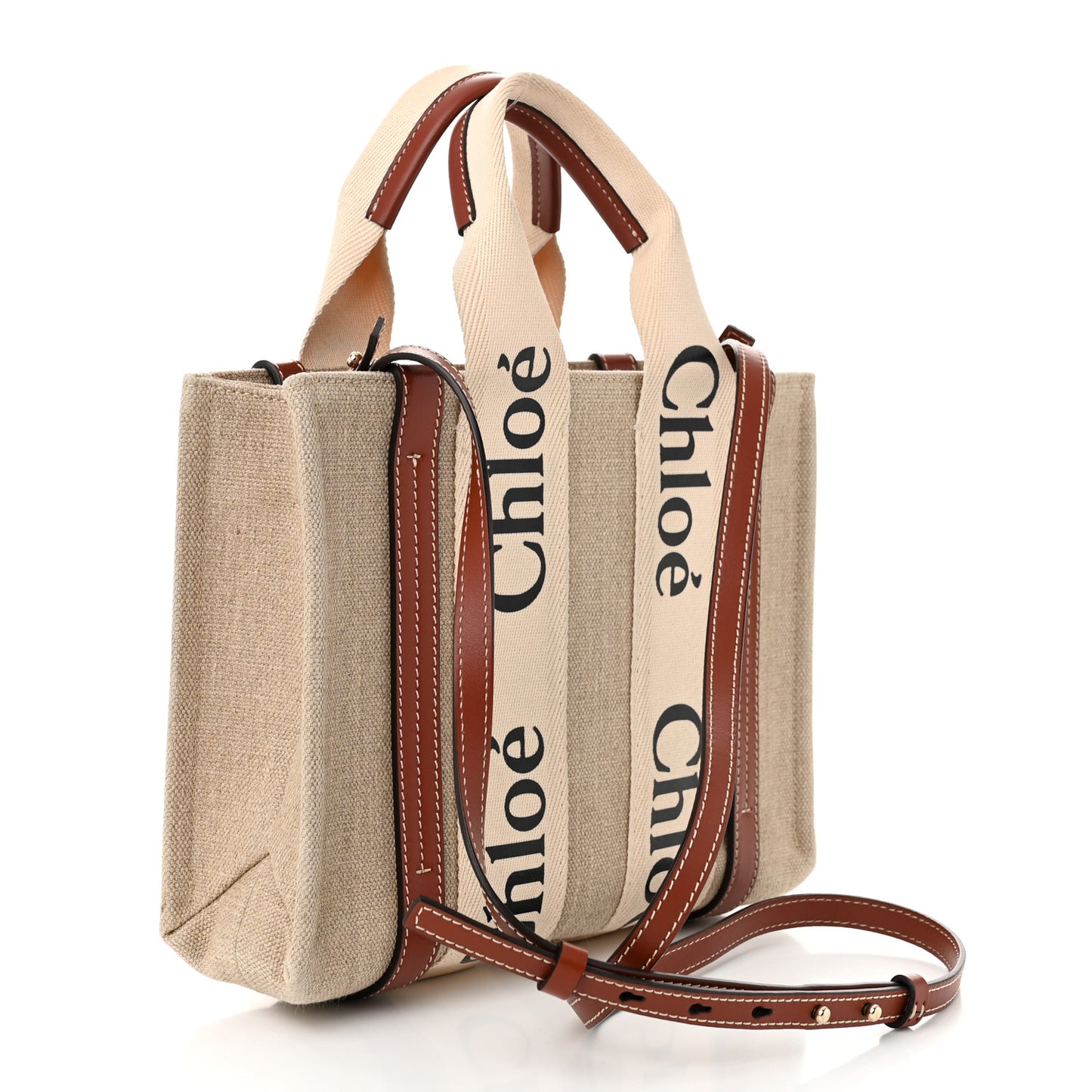 Linen Calfskin Small Woody Ribbon Tote With Strap White Brown