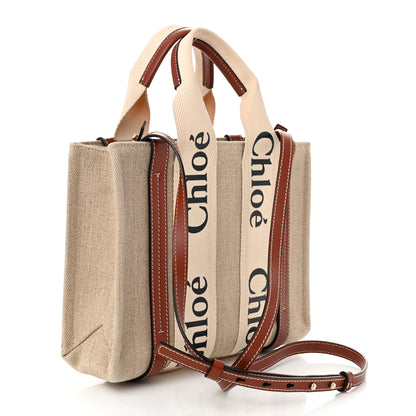 Chloe Linen Calfskin Small Woody Ribbon Tote With Strap White Brown 3 of 10