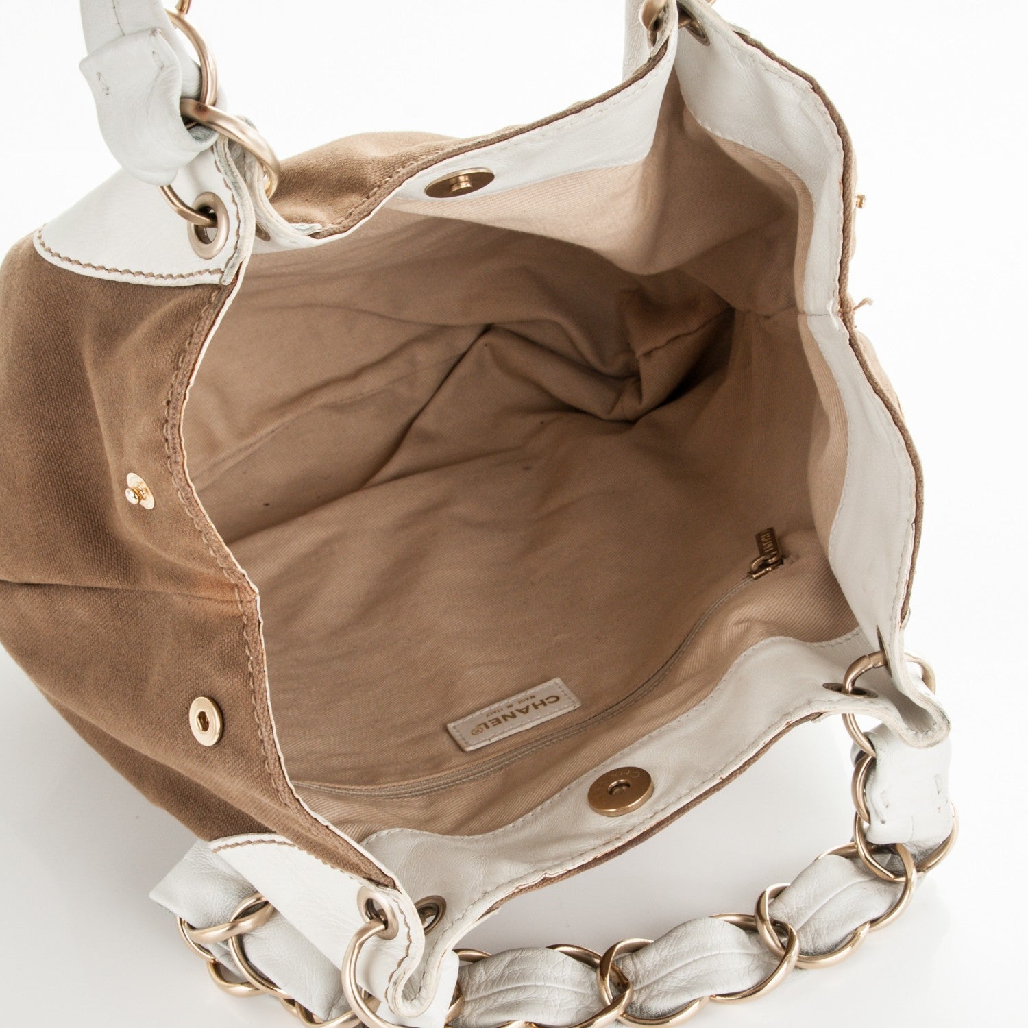 Chanel Canvas Calfskin CC Tote Brown White 5 of 6