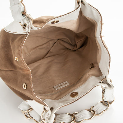 Chanel Canvas Calfskin CC Tote Brown White 5 of 6