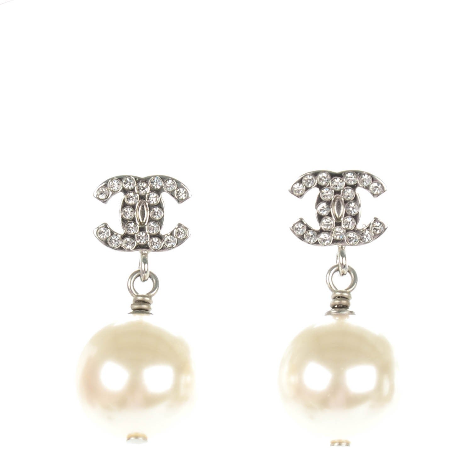 Chanel Crystal Pearl CC Drop Earrings Silver 1 of 6