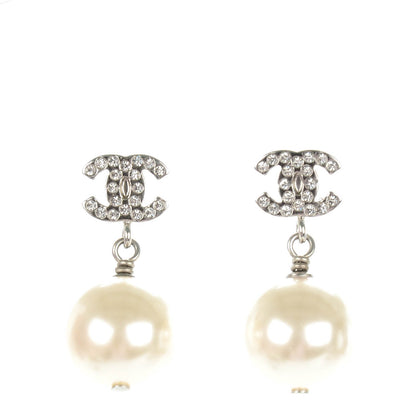Chanel Crystal Pearl CC Drop Earrings Silver 1 of 6