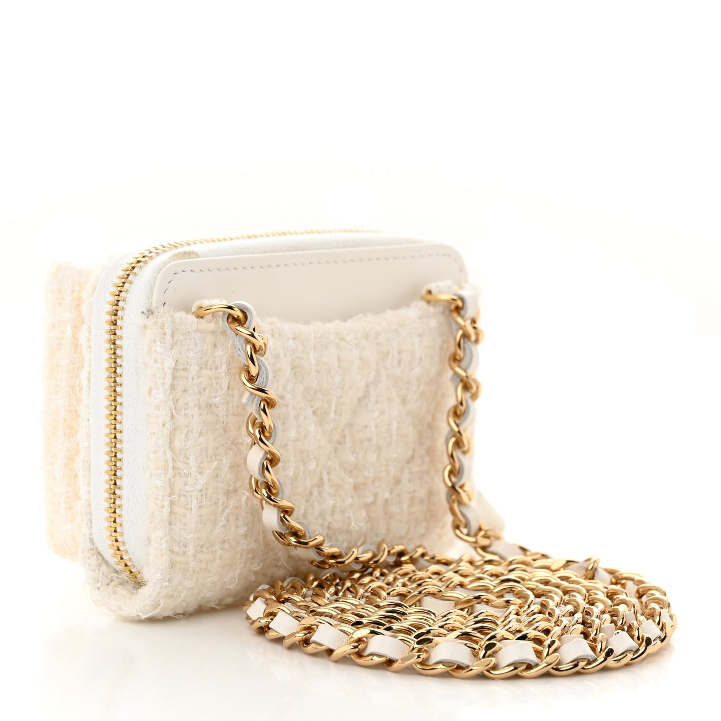 Tweed Quilted Bow Flap Card Holder On Chain White