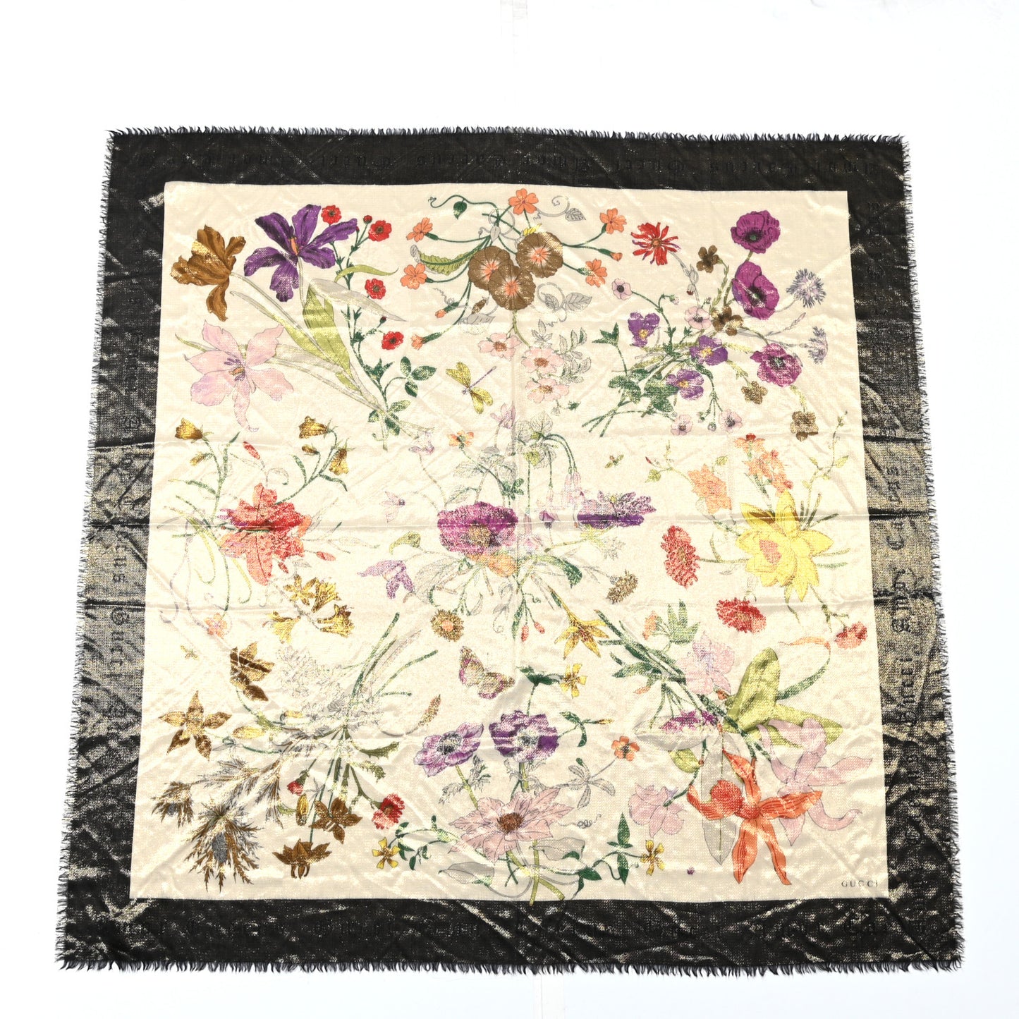 Metallic Silk Flora Gothic Square Scarf Ivory Black