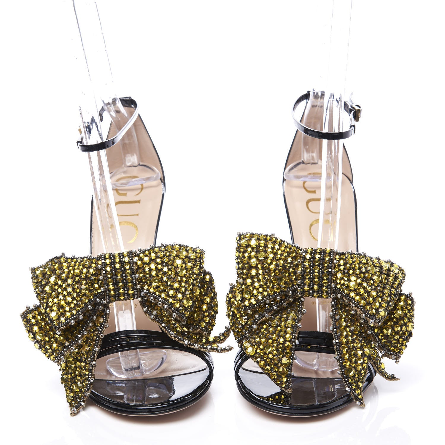 Gucci Patent Crystal Removable Bow Sandals 38.5 Black 3 of 11