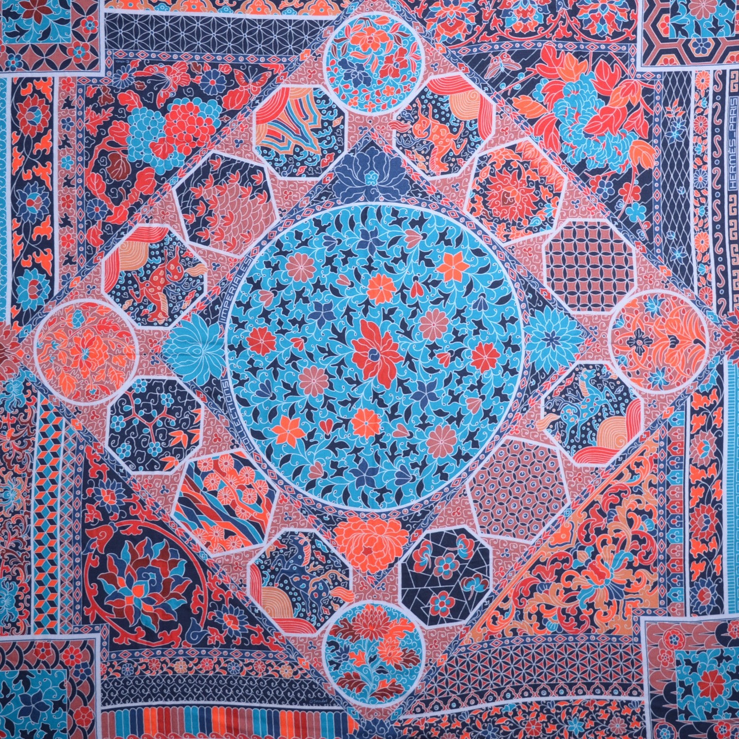Hermes Cashmere Silk Collections Imperiales Shawl 140 Orange Bleu Brique 1 of 5