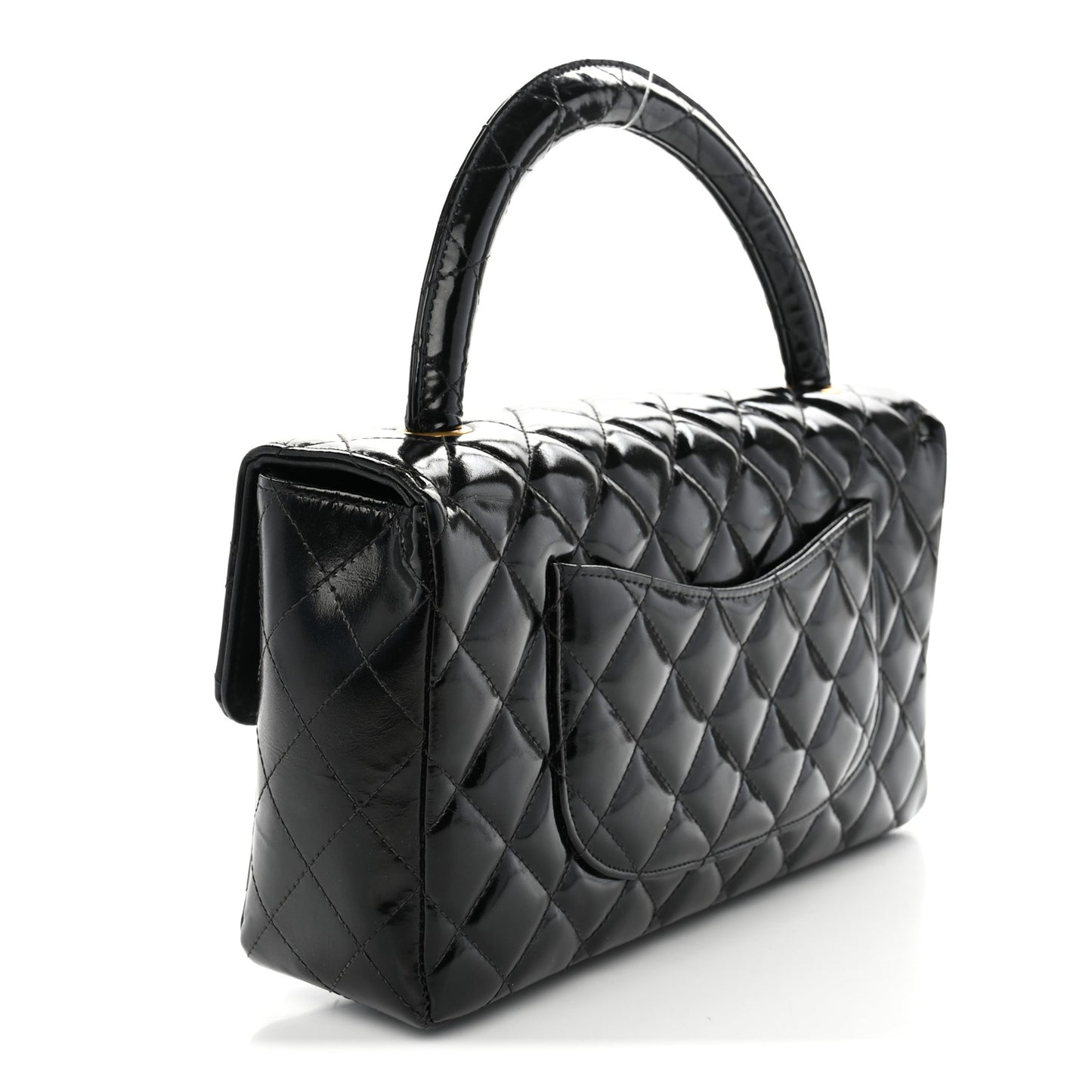 Patent Quilted Medium Rectangular Kelly Flap Bag Black