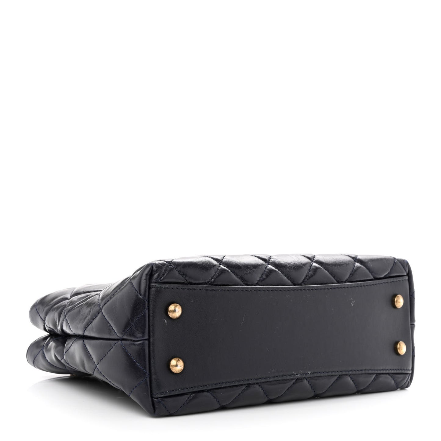 Glazed Calfskin Quilted Small Gold Bar Tote Navy Blue