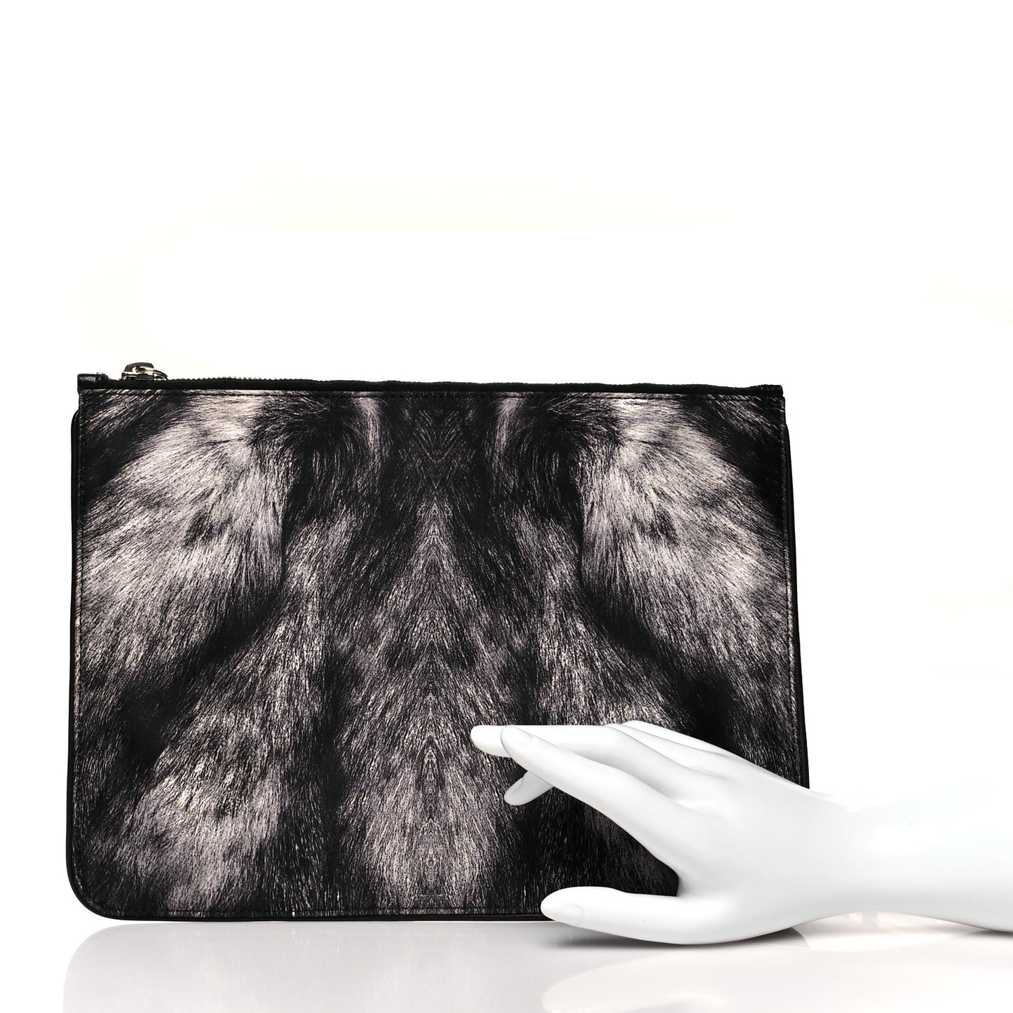 Silk Fur Print Zip Pouch Black Grey