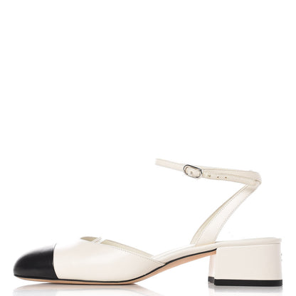 Chanel Lambskin Cap Toe CC Ankle Strap Sandals 38.5 White Black 1 of 14