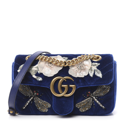 Gucci Velvet Matelasse Embroidered Mini GG Marmont Shoulder Bag Cobalt Blue 1 of 13