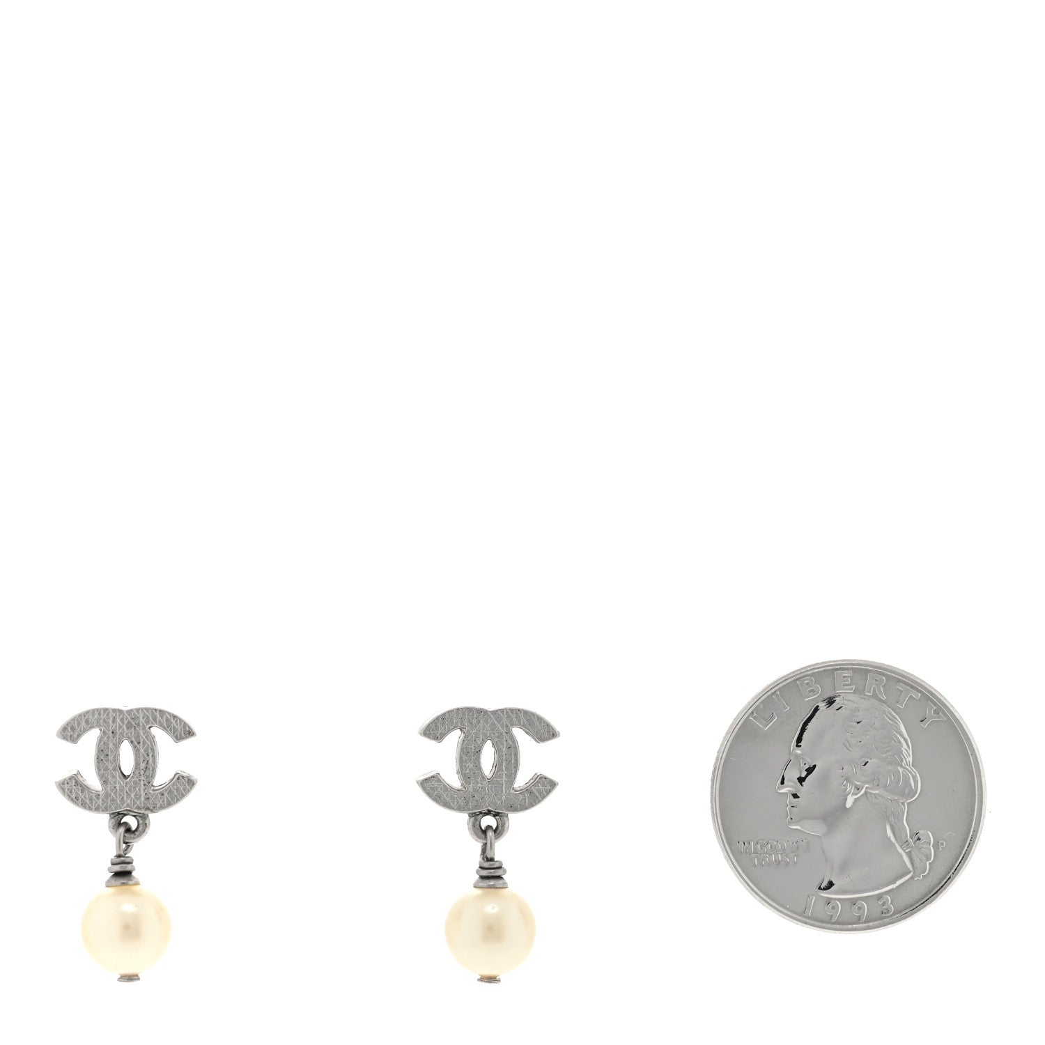 Chanel CC Pearl Drop Earrings Silver 2 of 4