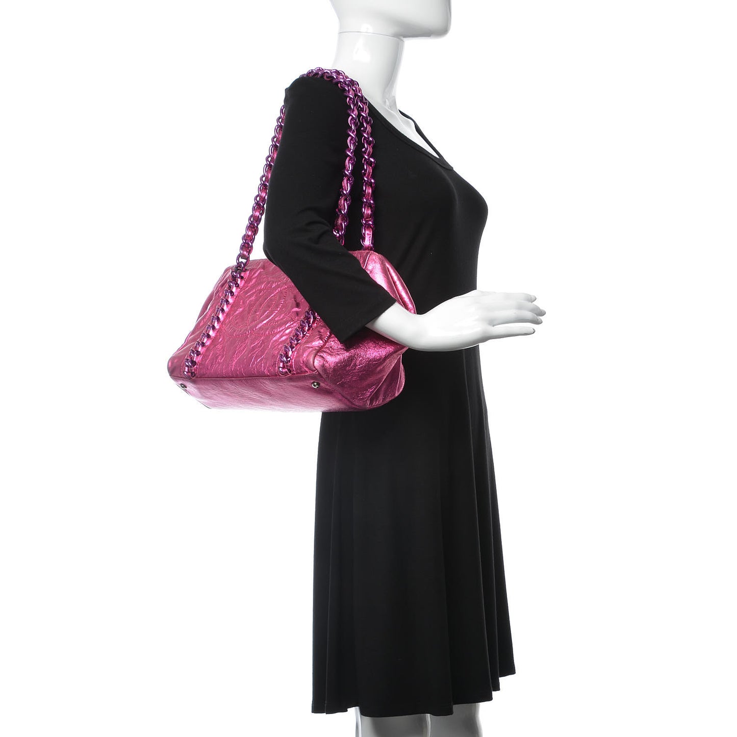 Metallic Cracked Calfskin Small Modern Chain Tote Fuchsia