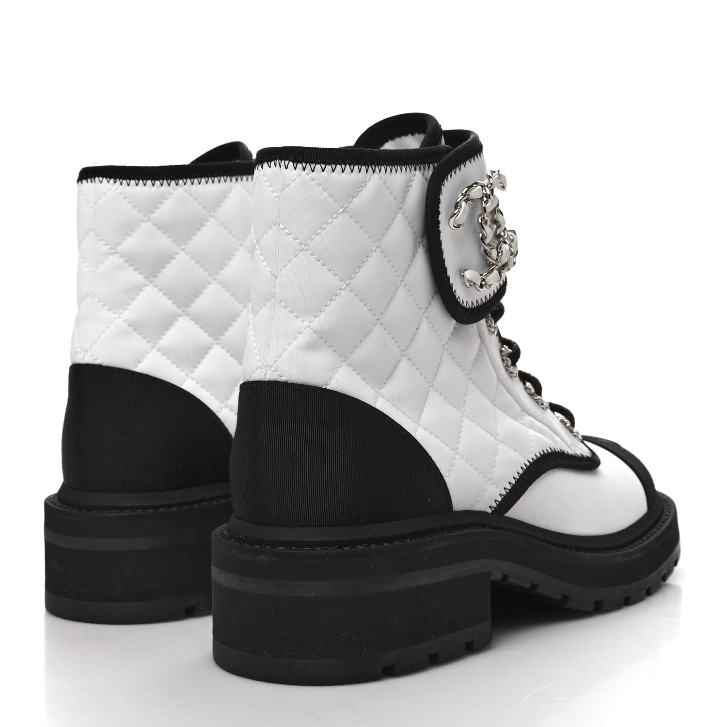 Chanel Fabric Grosgrain Quilted Cap Toe Lace Up Combat Boots 36.5 White Black 4 of 8