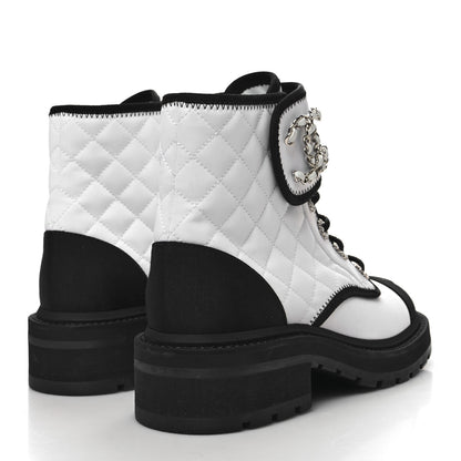 Chanel Fabric Grosgrain Quilted Cap Toe Lace Up Combat Boots 36.5 White Black 4 of 8