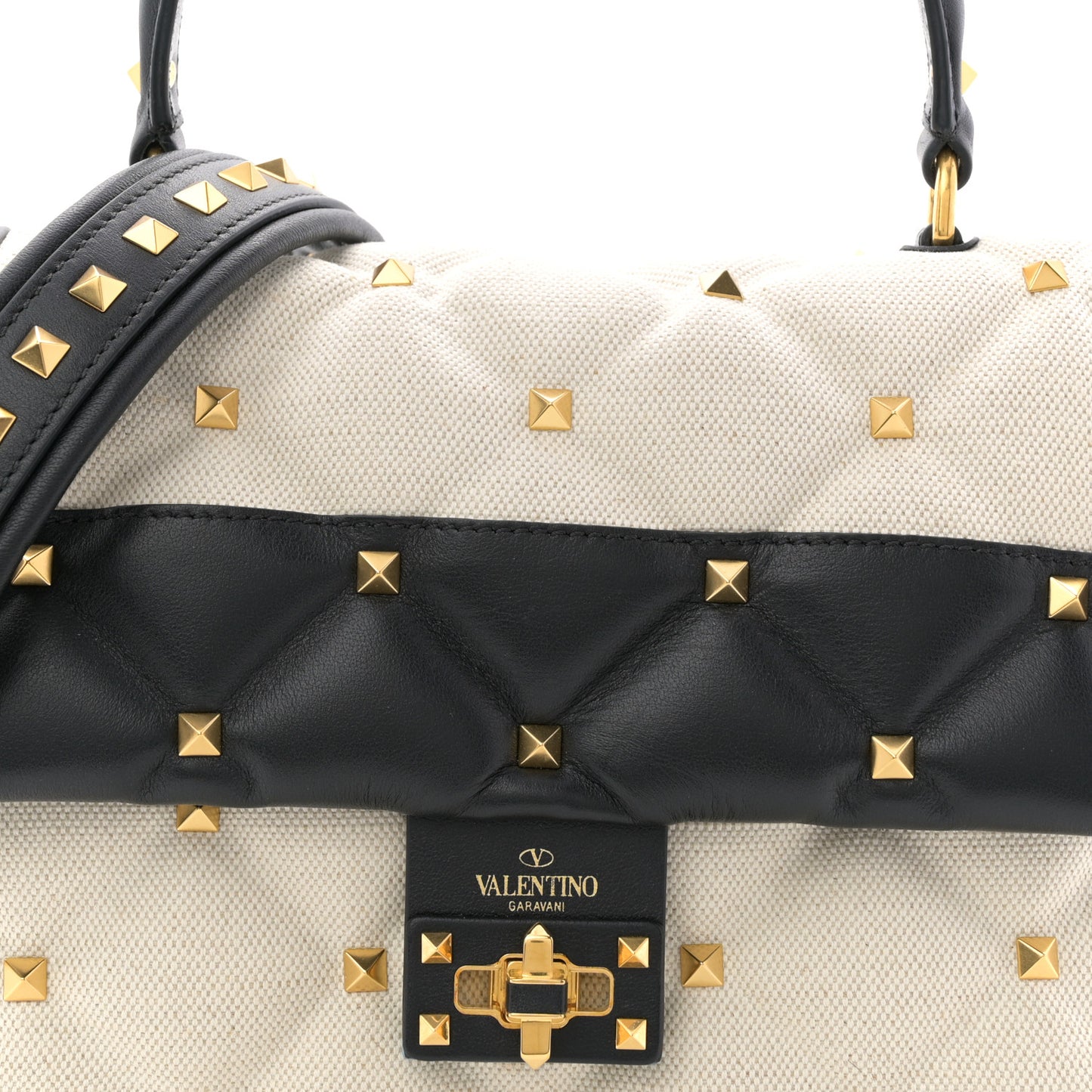 Canvas Calfskin Medium Candystud Top Handle Bag Black Beige