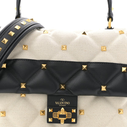 Valentino Garavani Canvas Calfskin Medium Candystud Top Handle Bag Black Beige 12 of 19