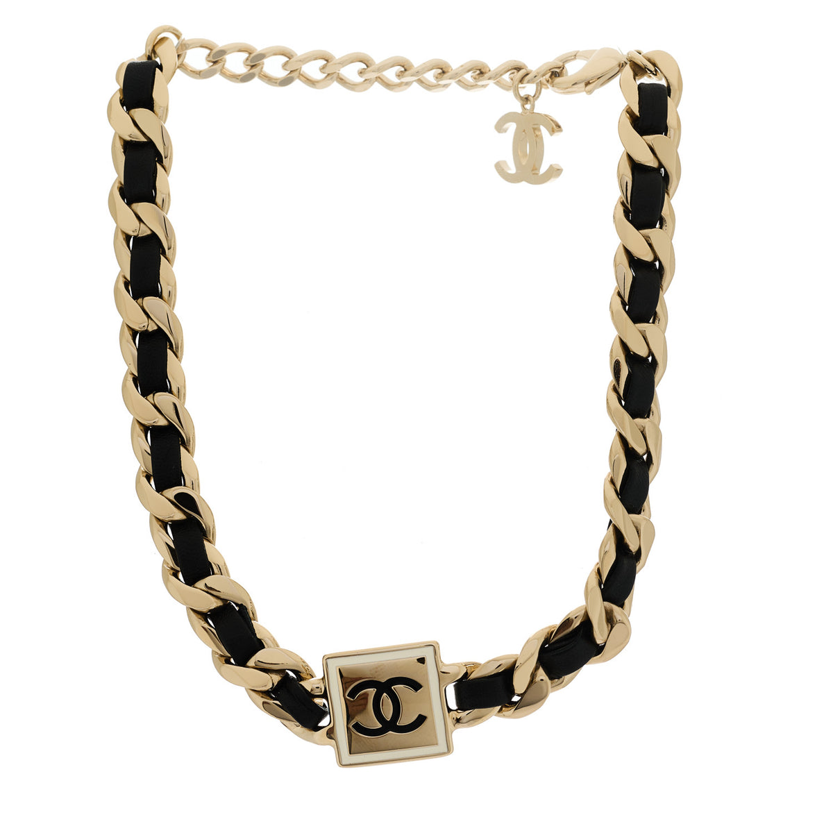 Metal Lambskin CC Square Choker Gold Black White