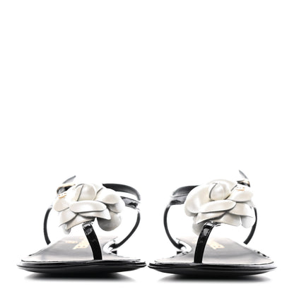 Chanel Patent Camellia Thong Sandals 35.5 Black 2 of 5