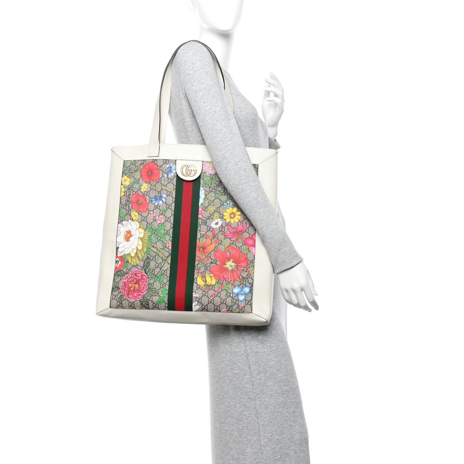 Gucci GG Supreme Monogram Flora Web Ophidia Vertical Shopping Tote White 2 of 11