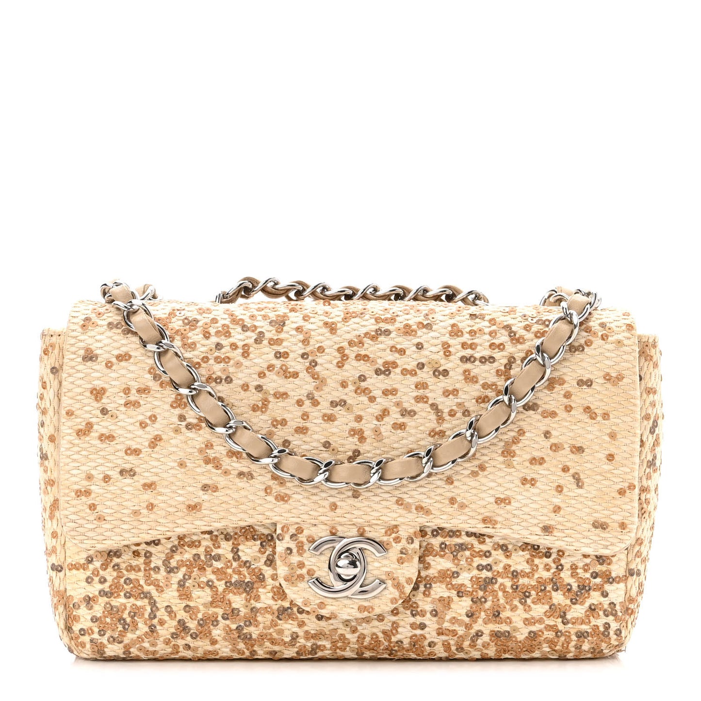 Raffia Sequin Small Single Flap Beige Gold