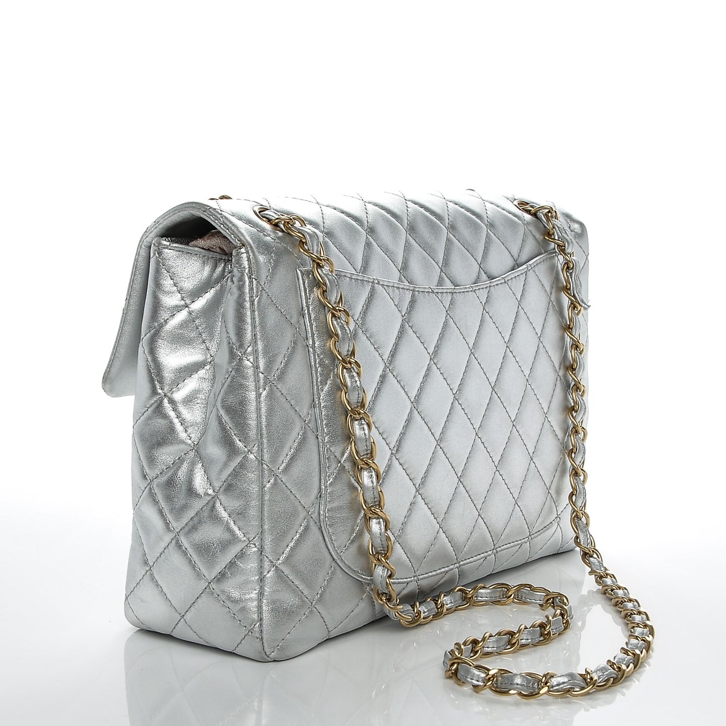 Metallic Lambskin Quilted Maxi Single Flap Silver
