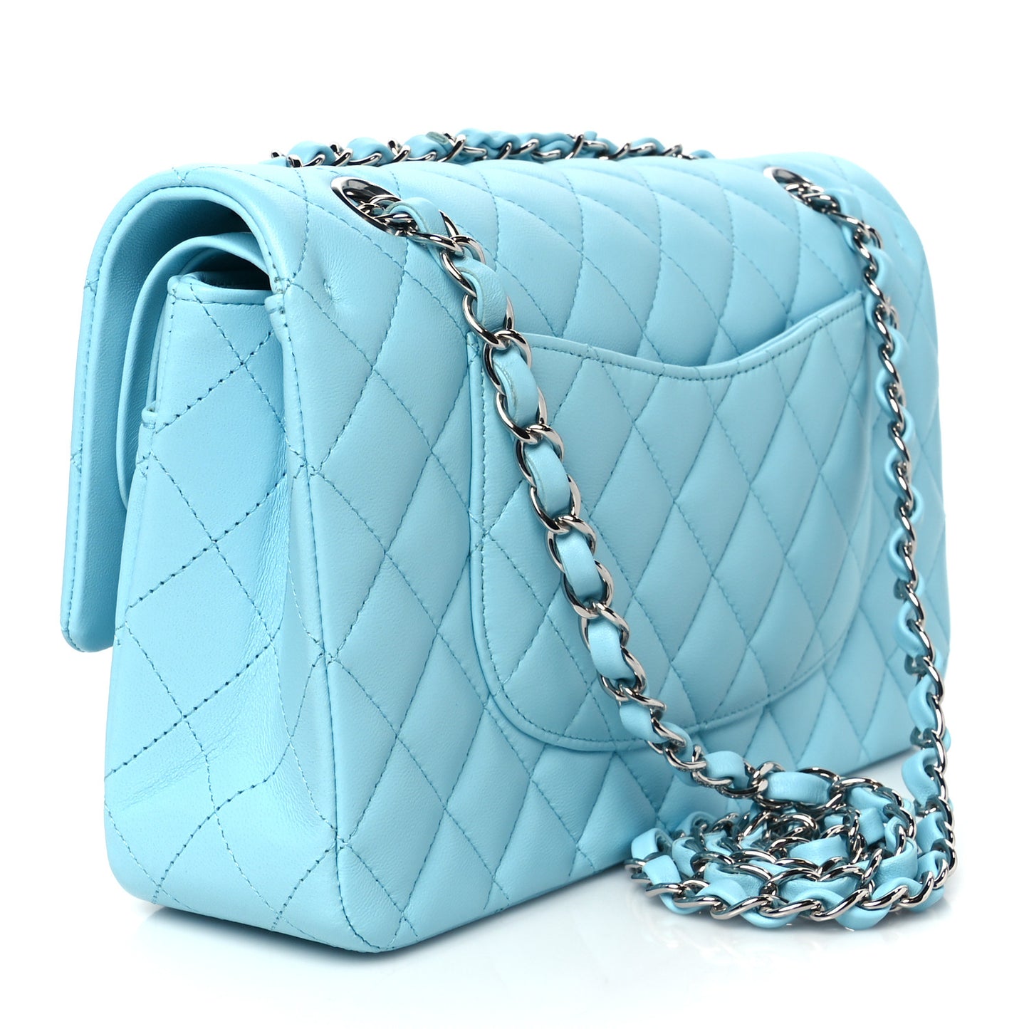 Lambskin Quilted Medium Double Flap Light Blue